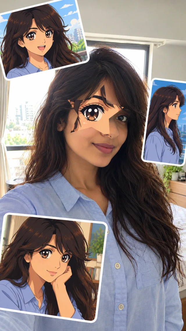 Light from behind with an anime star eye and three portrait stickers