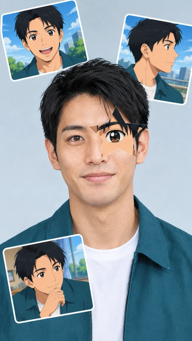 Soft daylight with an anime star eye and three portrait stickers