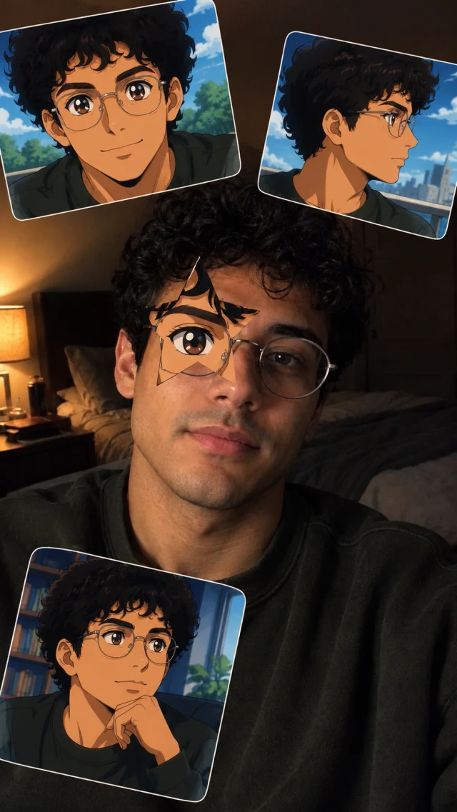 An evening portrait with an anime star eye and three portrait stickers