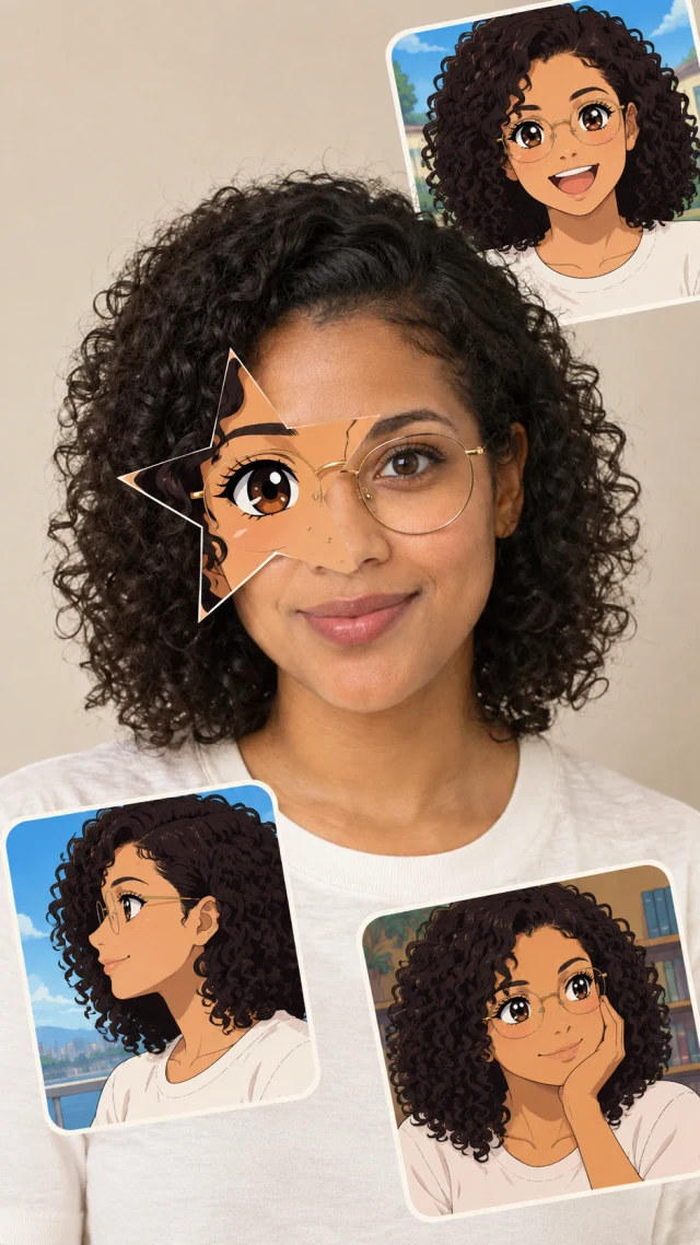 With glasses with an anime star eye and three portrait stickers