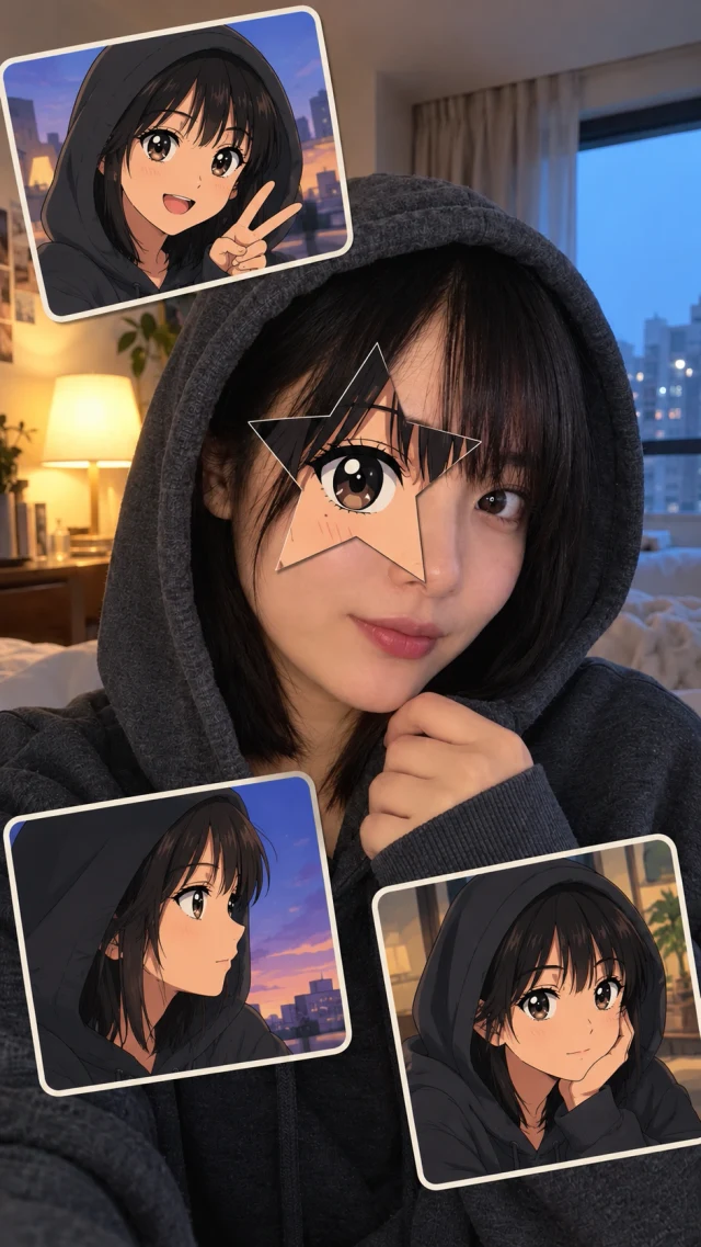 A hoodie portrait with an anime star eye and three portrait stickers
