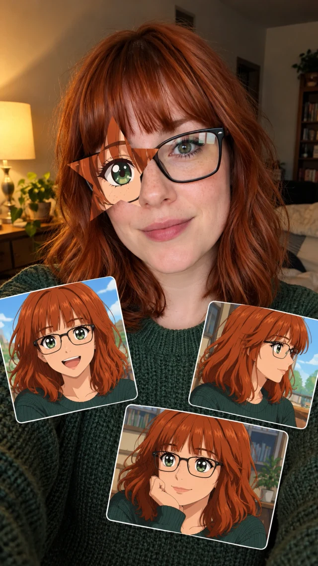 Warm indoor light with an anime star eye and three portrait stickers